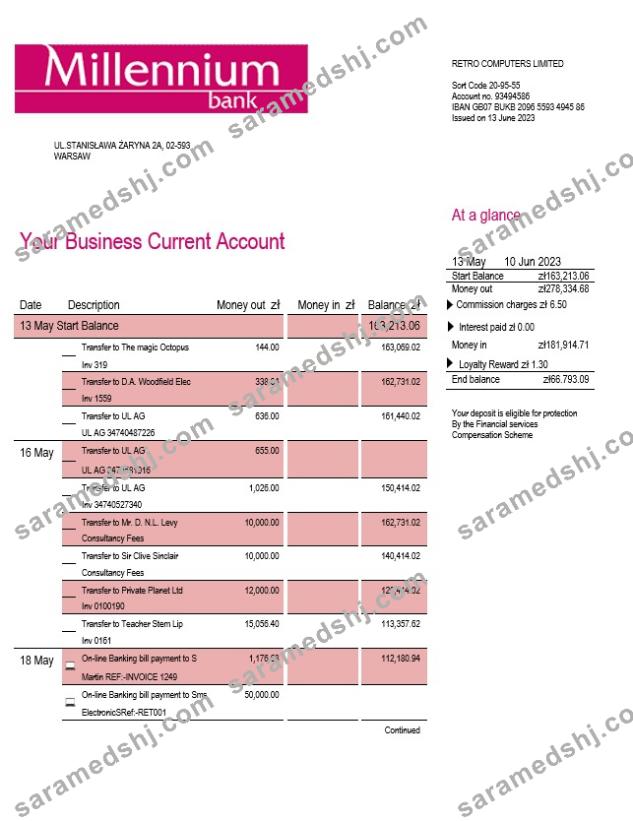 Millenium Bank enterprise statement Word and PDF template
